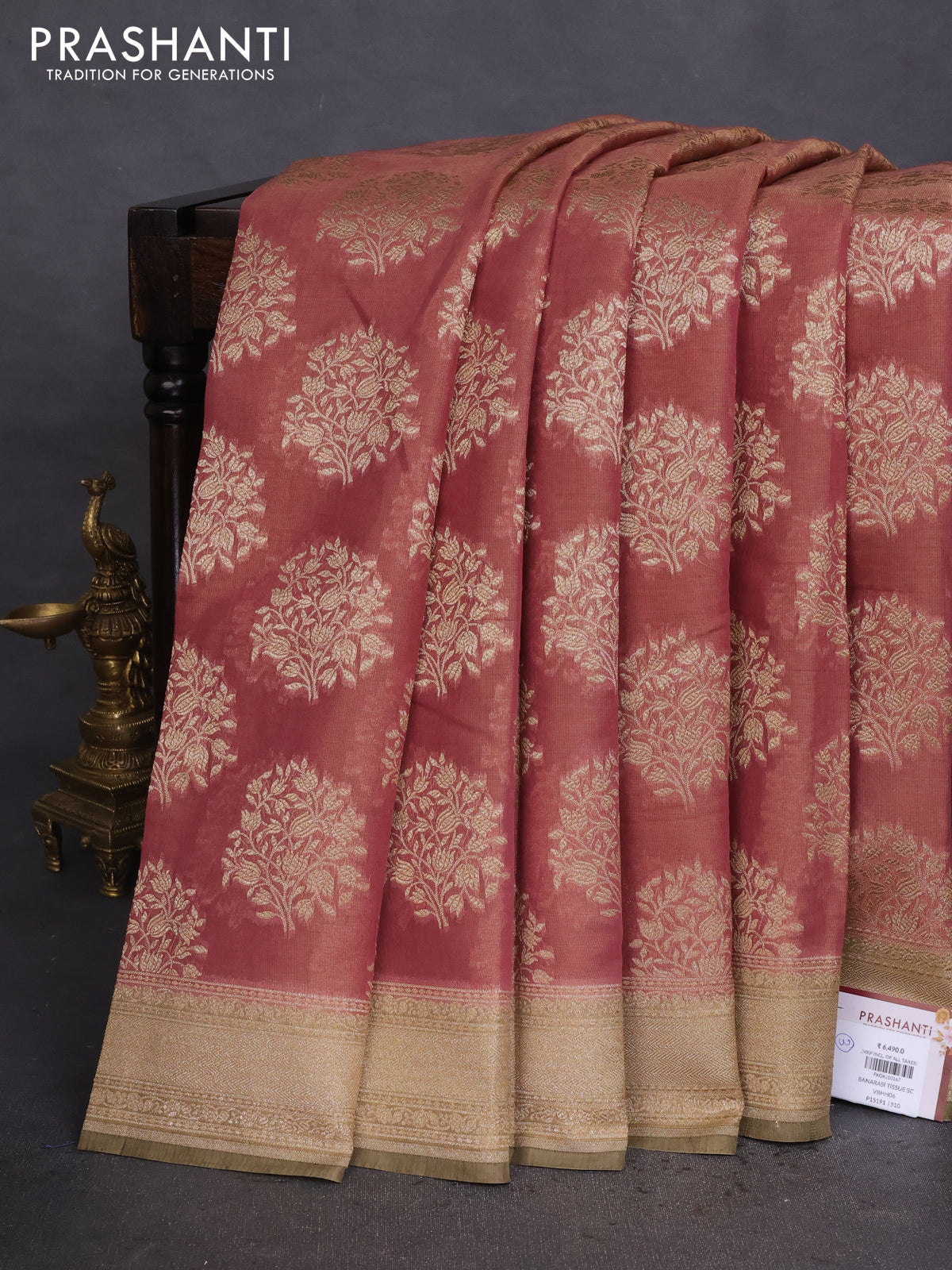 Banarasi tissue silk cotton saree pastel peach shade and elaichi green with allover thread & zari woven butta weaves and woven border