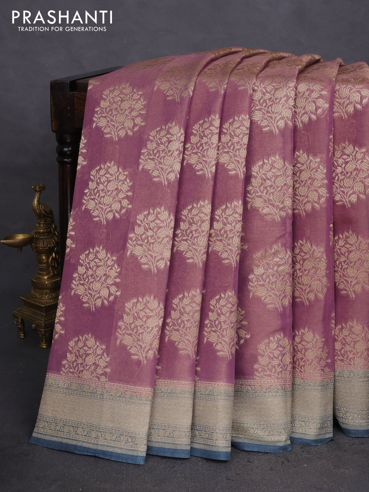 Banarasi tissue silk cotton saree pastel purple and peacock blue with allover thread & zari woven butta weaves and woven border