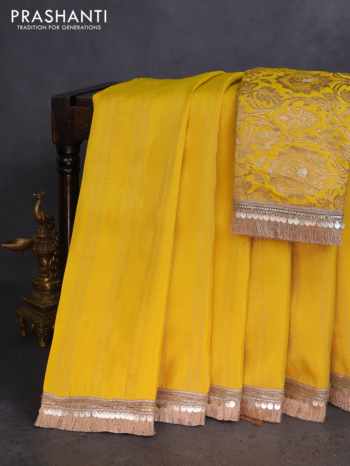 Banarasi tissue saree yellow with zari stripes pattern and lace work border