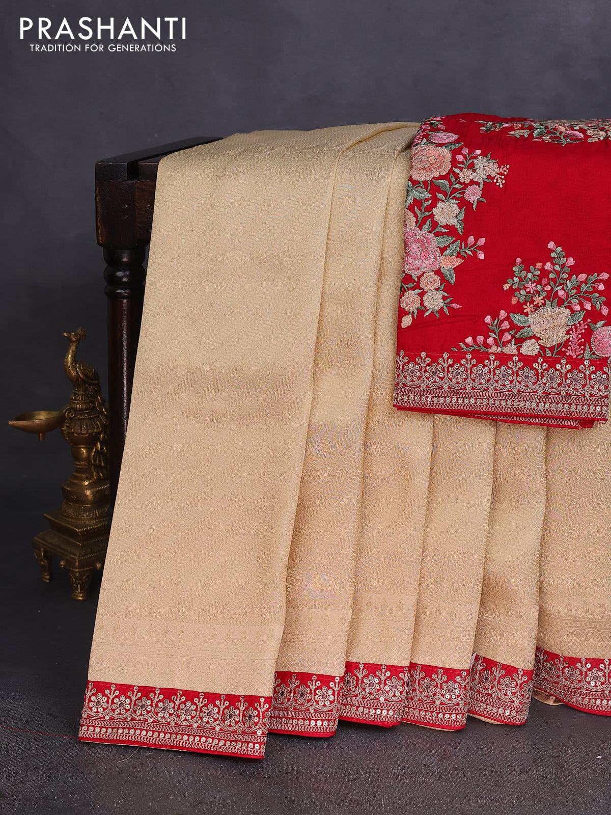 Banarasi tissue saree beige and red with allover zari woven brocade weaves and sequin work border