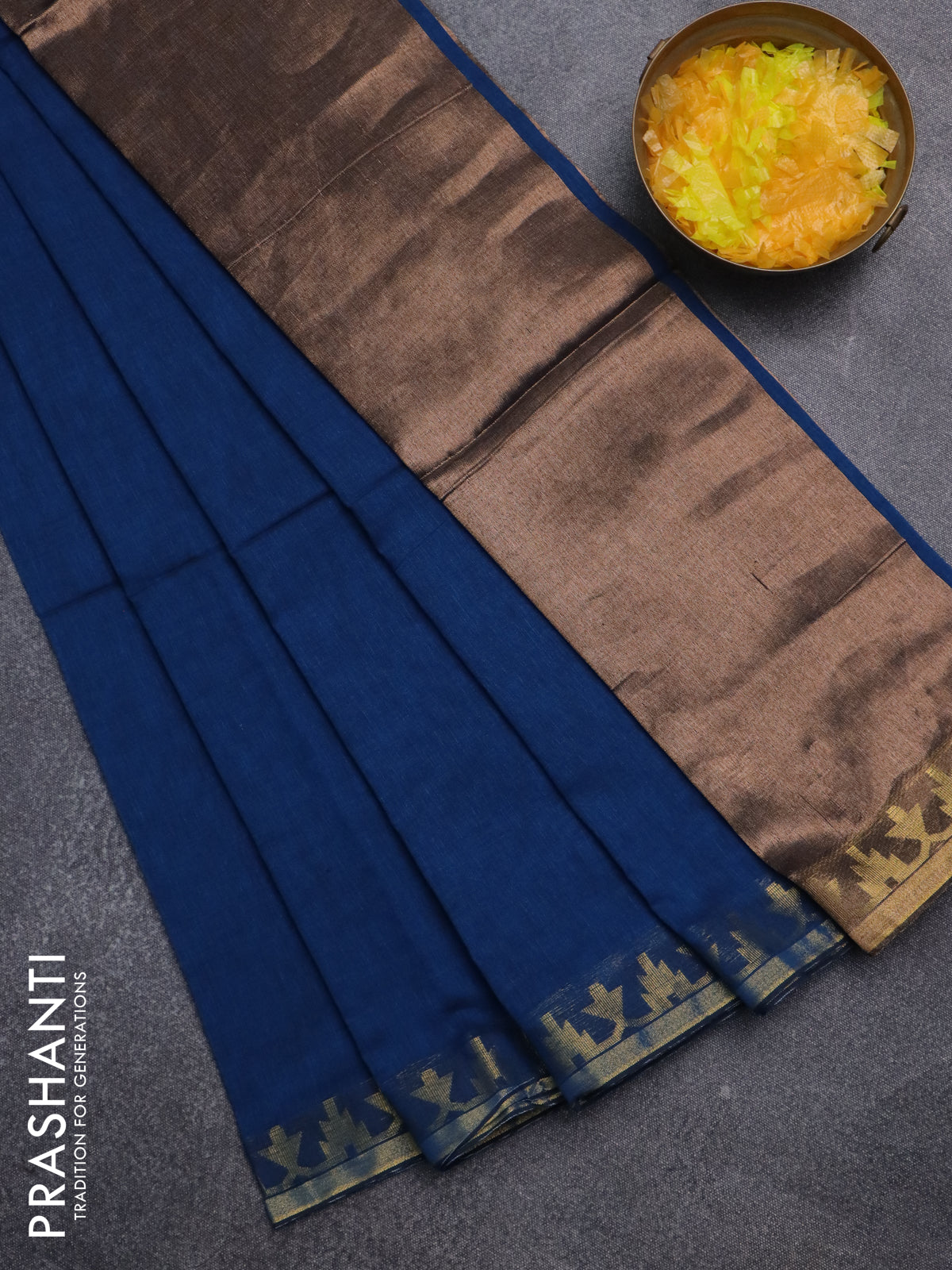 Bengal soft cotton saree cs blue with plain body and zari woven border