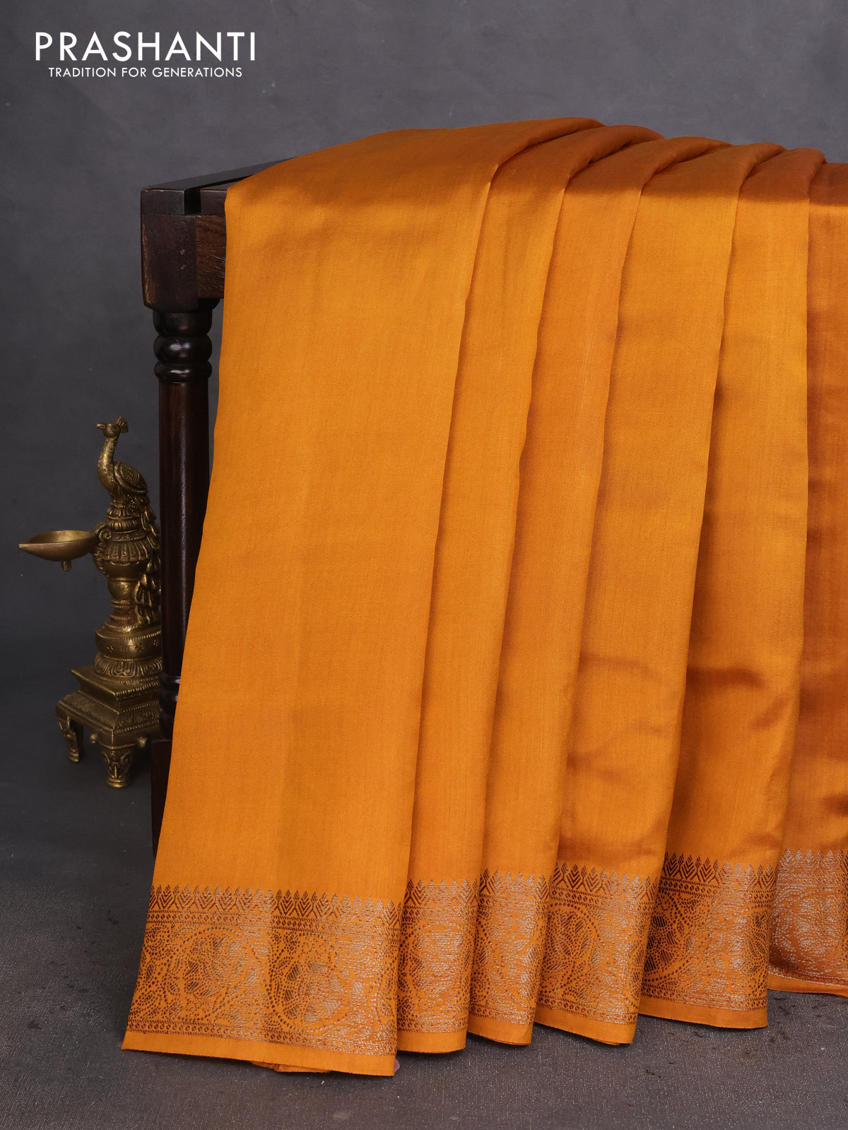 Chiniya silk saree mustard yellow and maroon with plain body and woven border