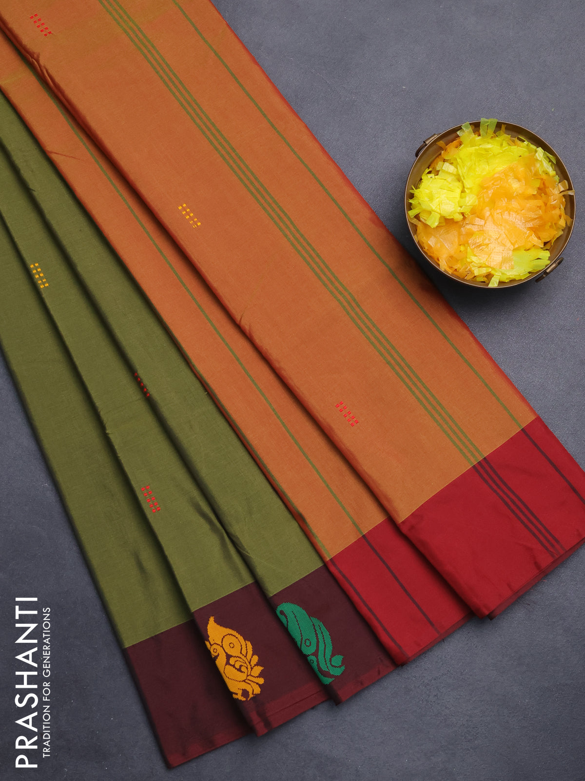 Arani semi silk saree sap green and dual shade of maroon with thread woven buttas and thread woven butta border