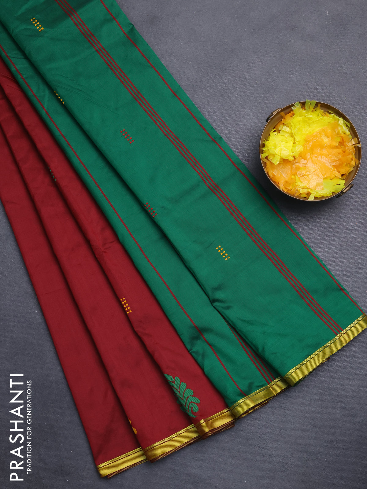 Arani semi silk saree maroon and green with thread woven buttas and piping border
