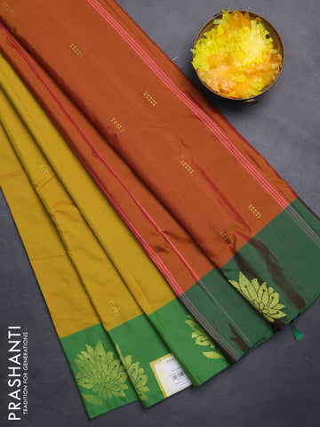 Arani semi silk saree mustard yellow and green with zari woven buttas and zari woven butta border