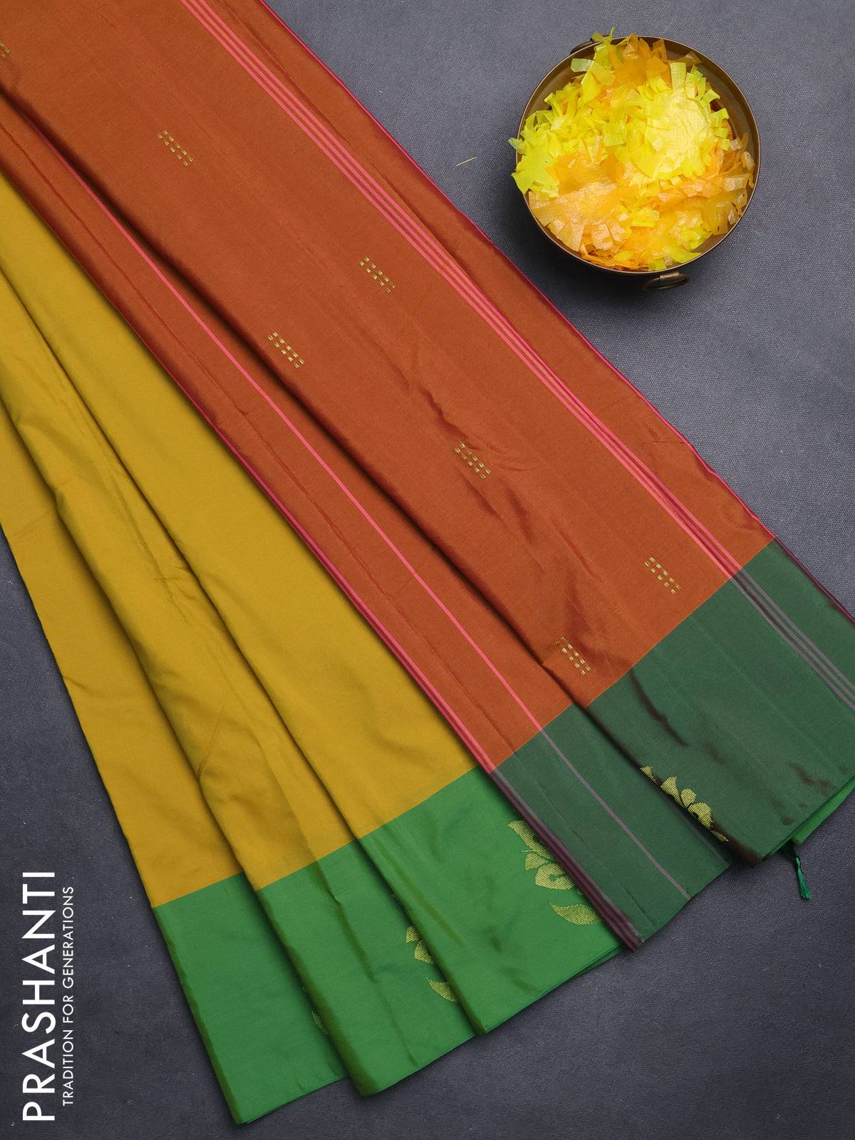 Arani semi silk saree mustard yellow and green with zari woven buttas and zari woven butta border