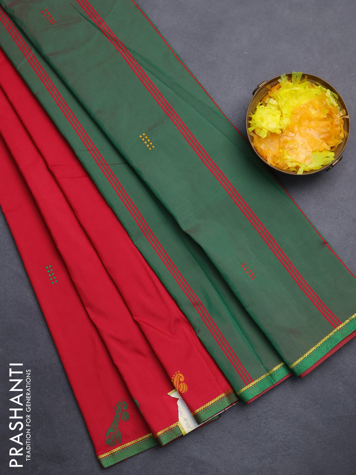 Arani semi silk saree reddish pink and dual shade of green with thread woven buttas and thread woven butta border