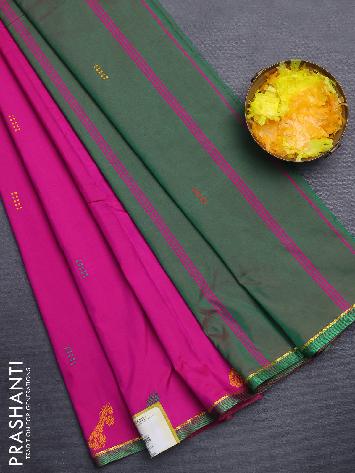 Arani semi silk saree magenat pink and dual shade of green with thread woven buttas and thread woven butta border