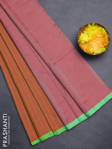 Arani semi silk saree rust shade and light green with allover silver zari weaves and piping border