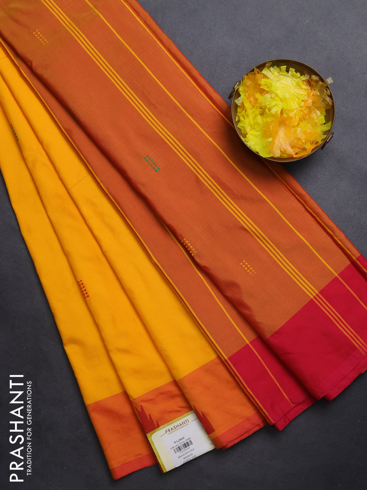 Arani semi silk saree mango yellow and dual shade of pink with thread woven buttas and thread woven butta border