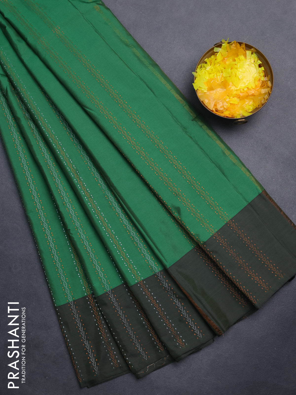 Arani semi silk saree green and dark sap green with allover silver & copper zari weaves and zari woven border