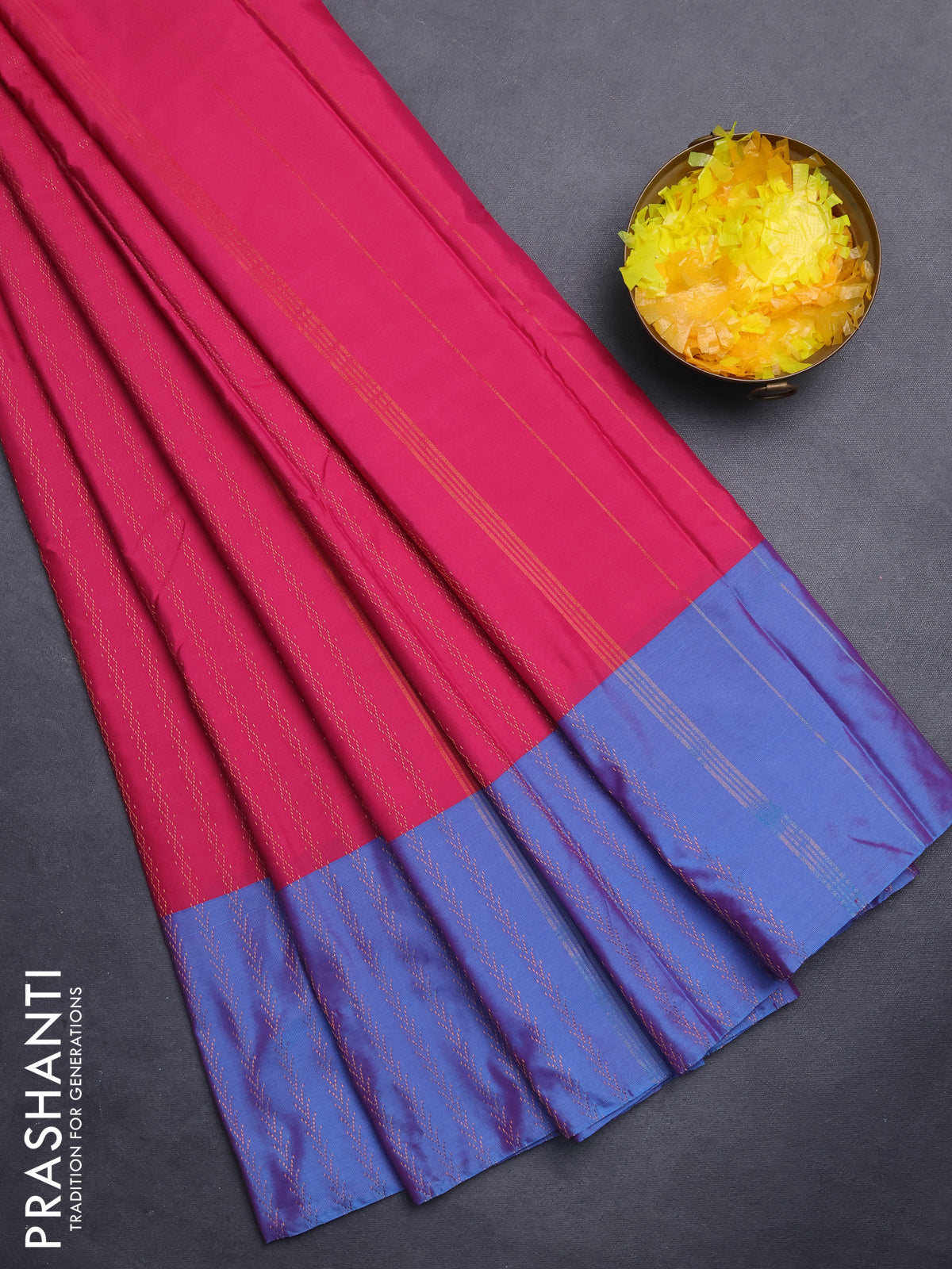 Arani semi silk saree pink and dual shade of cs blue with allover copper zari weaves and copper zari woven border