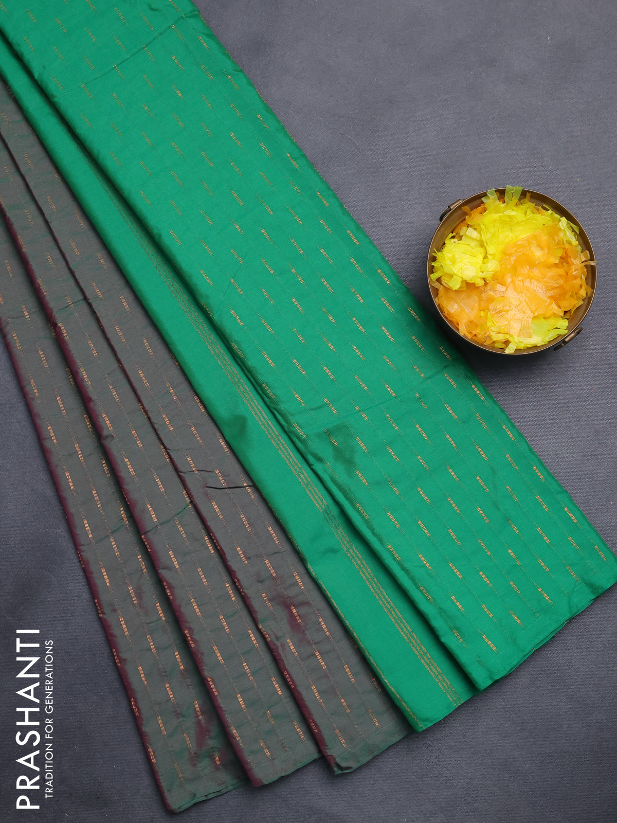 Arani semi silk saree dual shade of green with zari woven buttas in borderless style