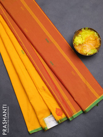 Arani semi silk saree mango yellow and dual shade of red with thread woven buttas and thread woven butta border