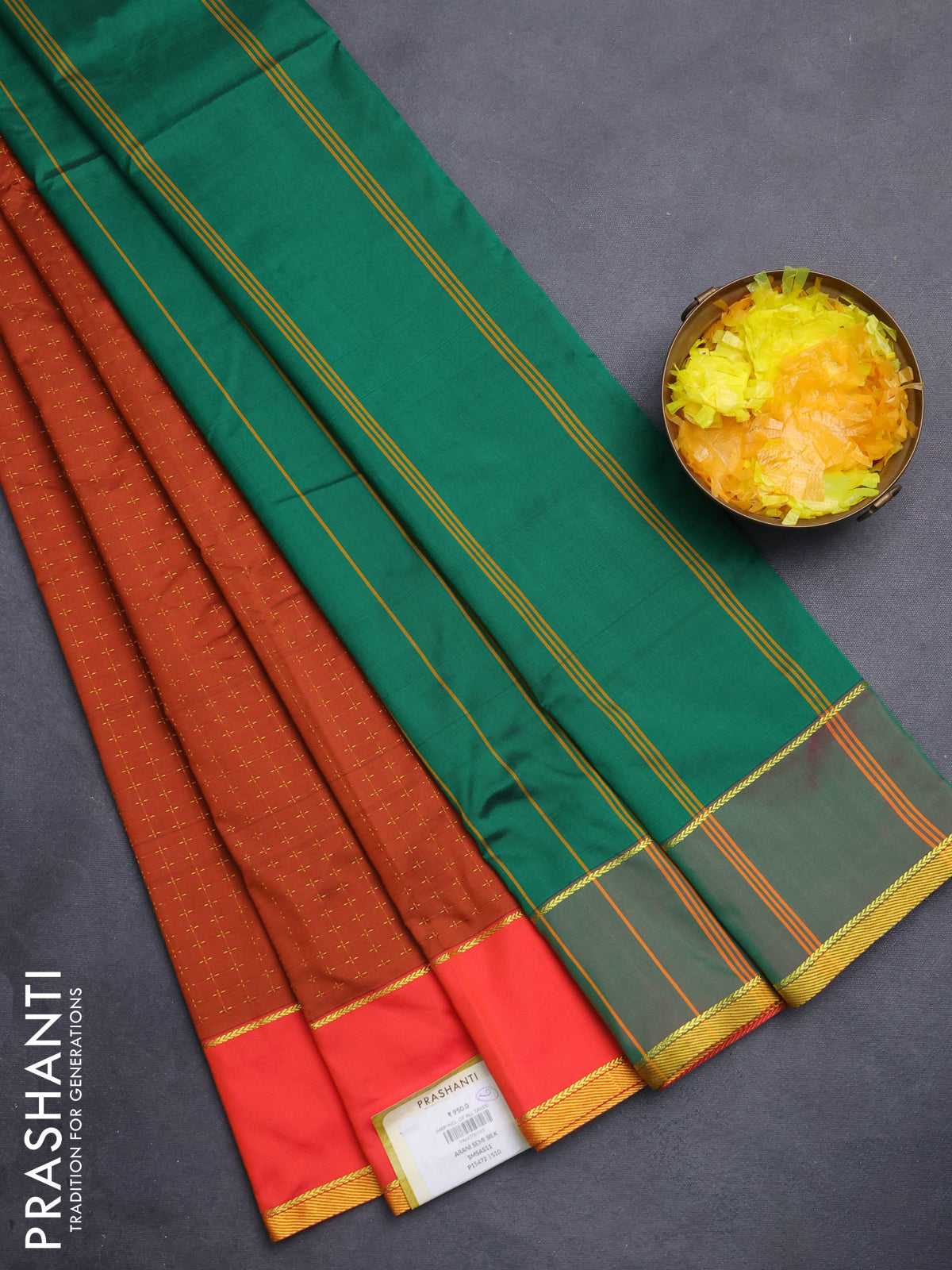 Arani semi silk saree rust shade and green with allover thread weaves and rettapet zari woven border`
