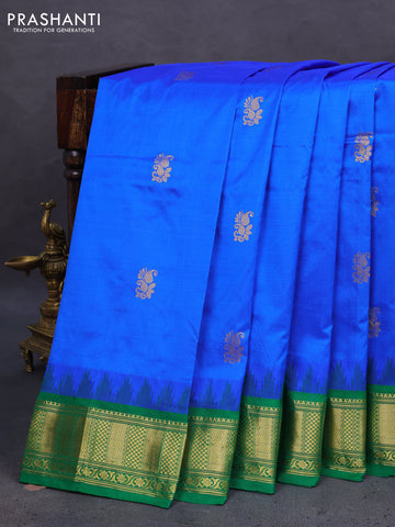 10 Yards silk saree blue and green with zari woven buttas and temple design zari woven border