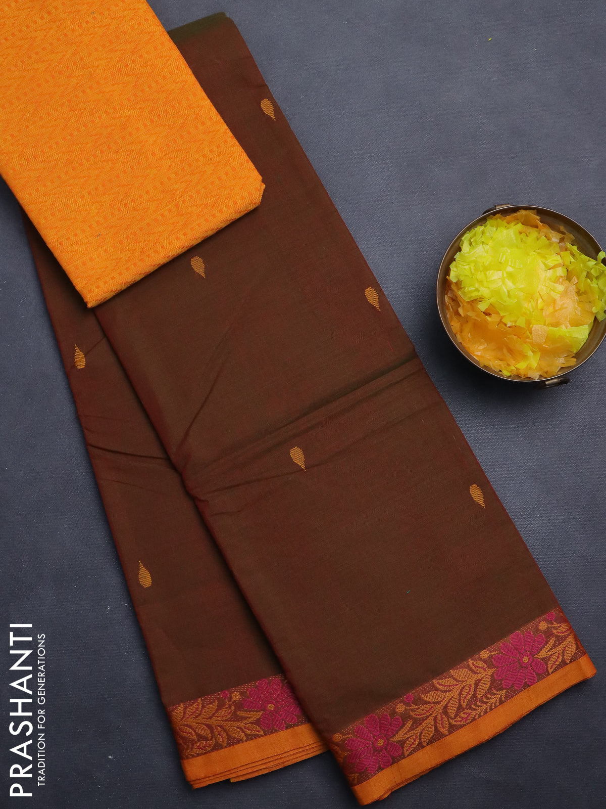 Chettinad cotton saree manthulir green and mustard yellow with thread woven buttas and thread woven border