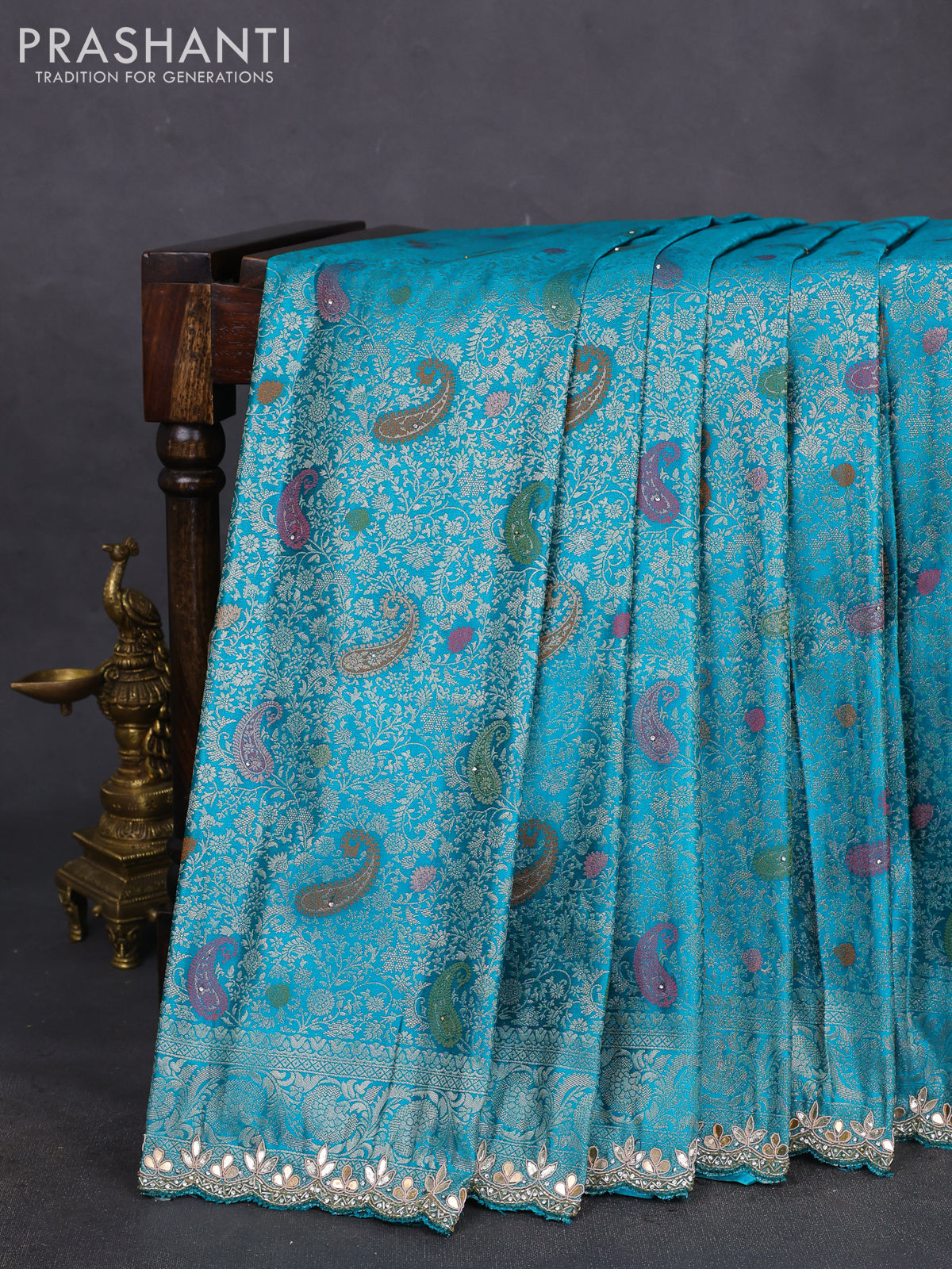 Banarasi silk saree teal blue shade with allover zari woven brocade weaves and zaridosi gotapatti work border