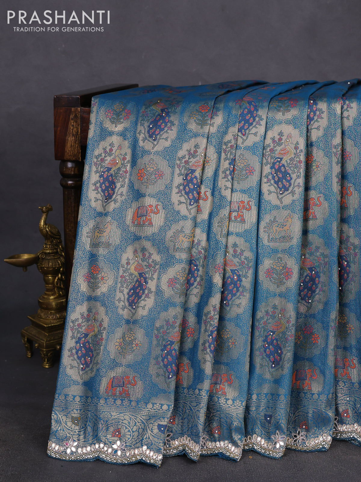 Banarasi silk saree peacock blue with allover zari woven brocade weaves and zaridosi gotapatti work border