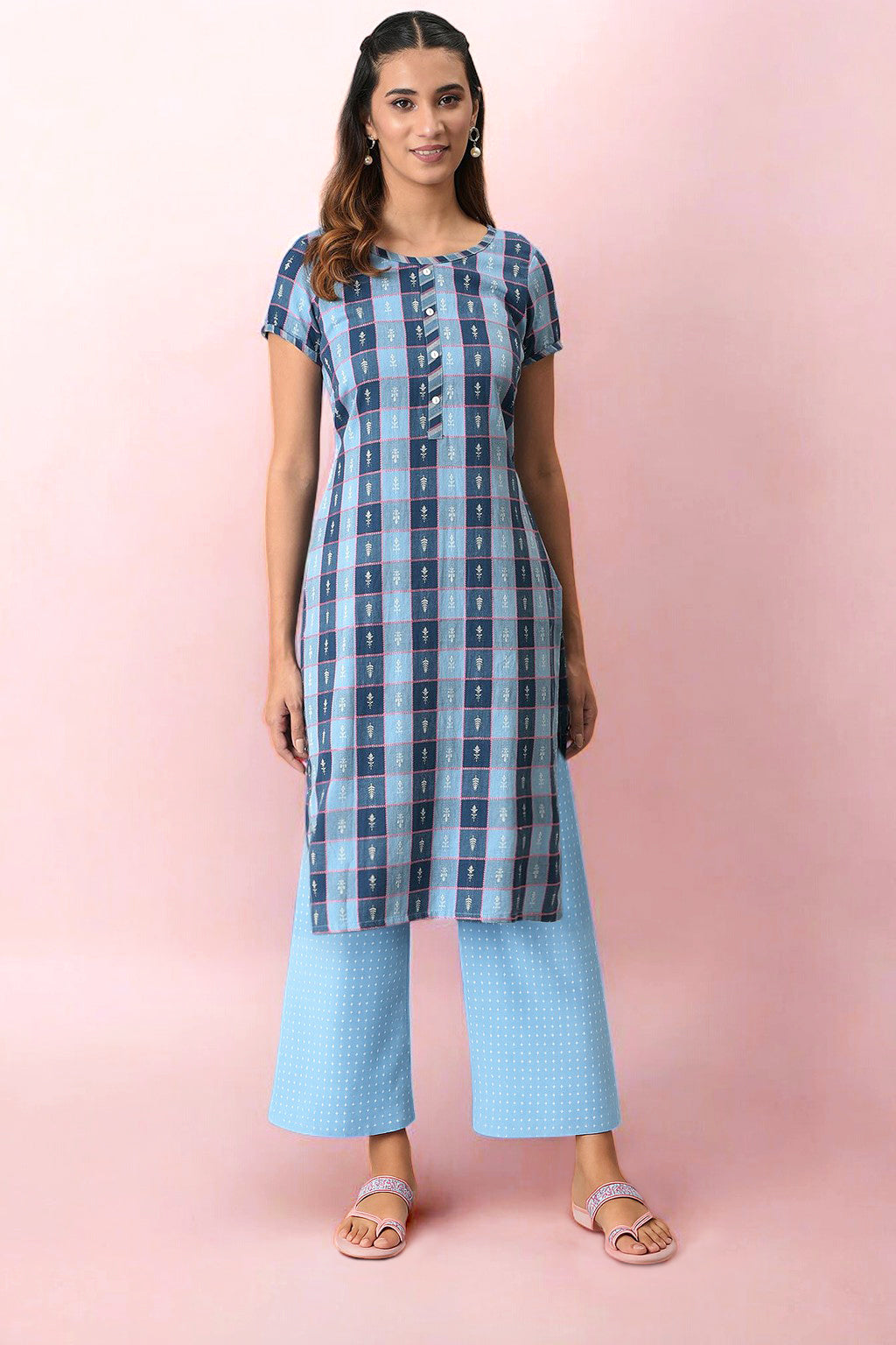 Blue Yarn Dyed Cotton Blend Straight Kurta and Palazzo Set