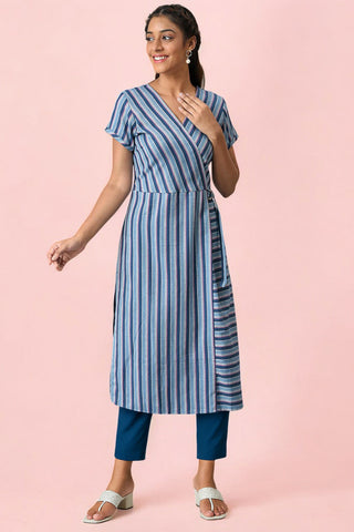 Blue Checker Pure Cotton Straight Kurta and Trouser Set