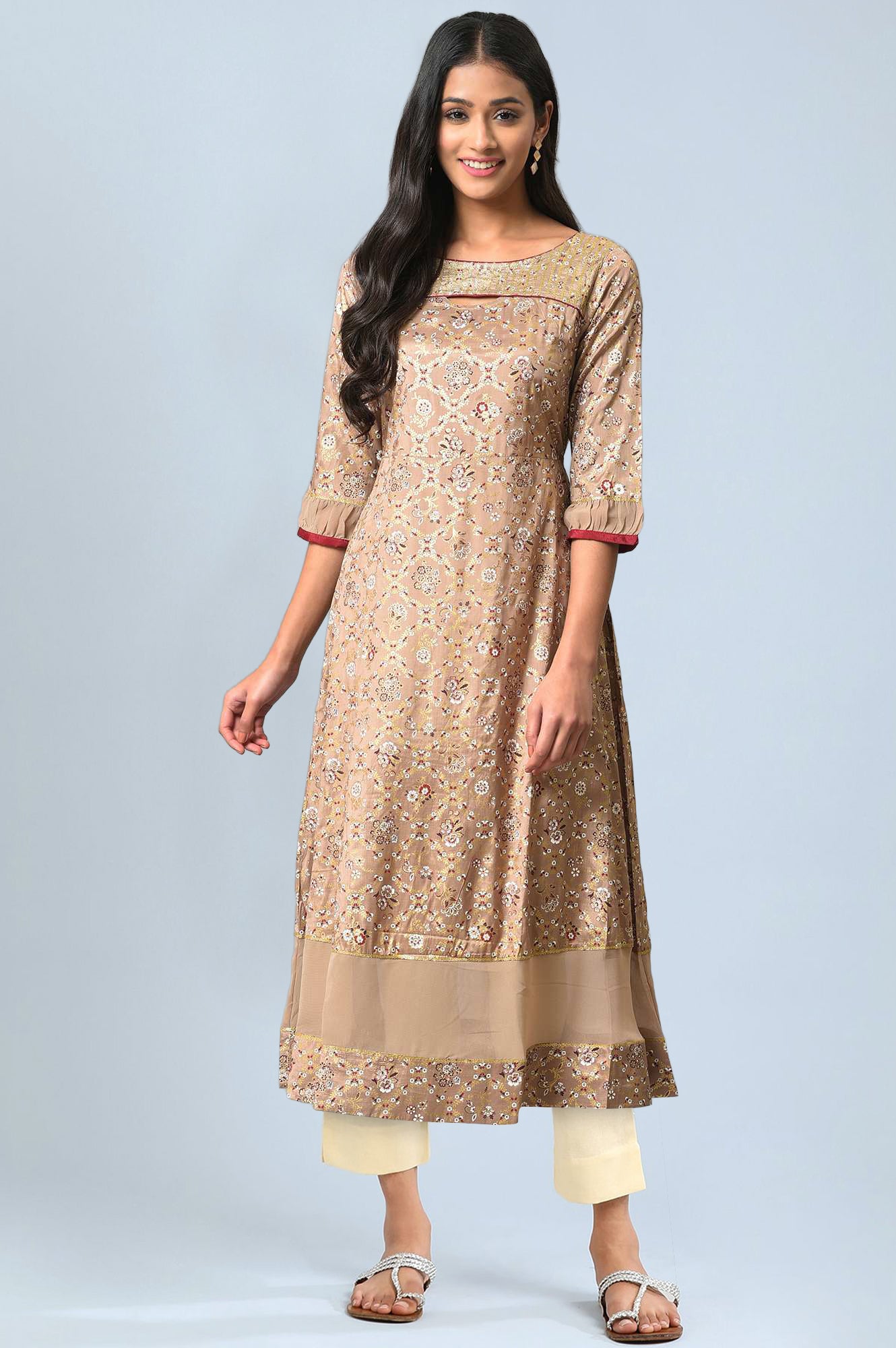 Beige Sequins A-line Kurta and Trouser Set