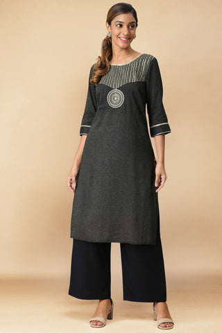 Black Zari Embroidered and Sequins Viscose Blend Straight Kurta and Palazzo Set