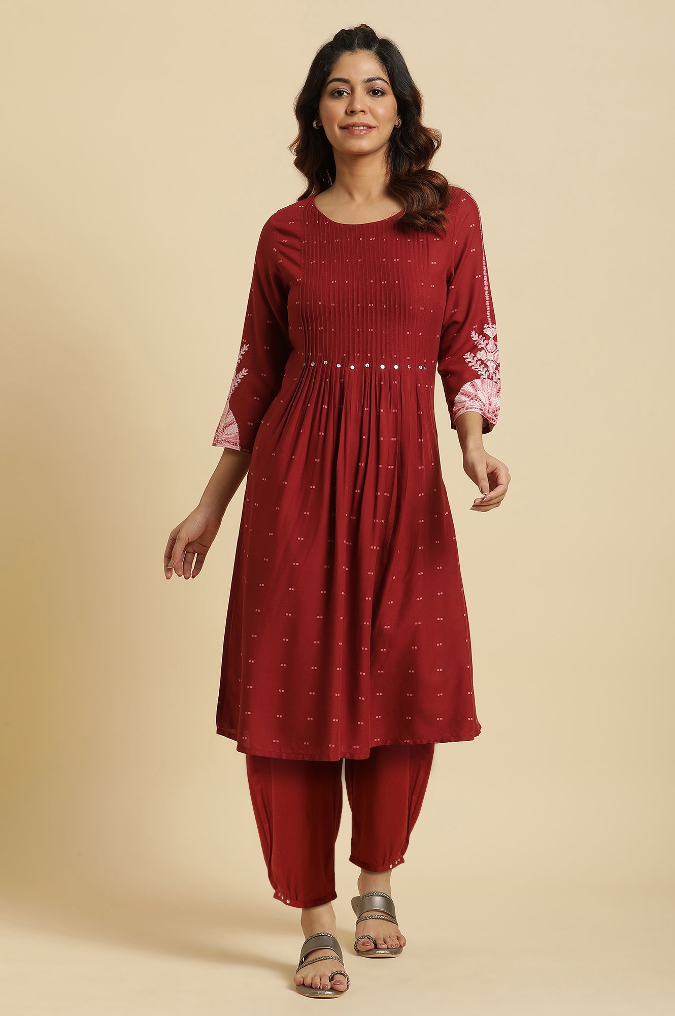 Maroon Geometric Printed Flared Kurta with Straight Pant Set