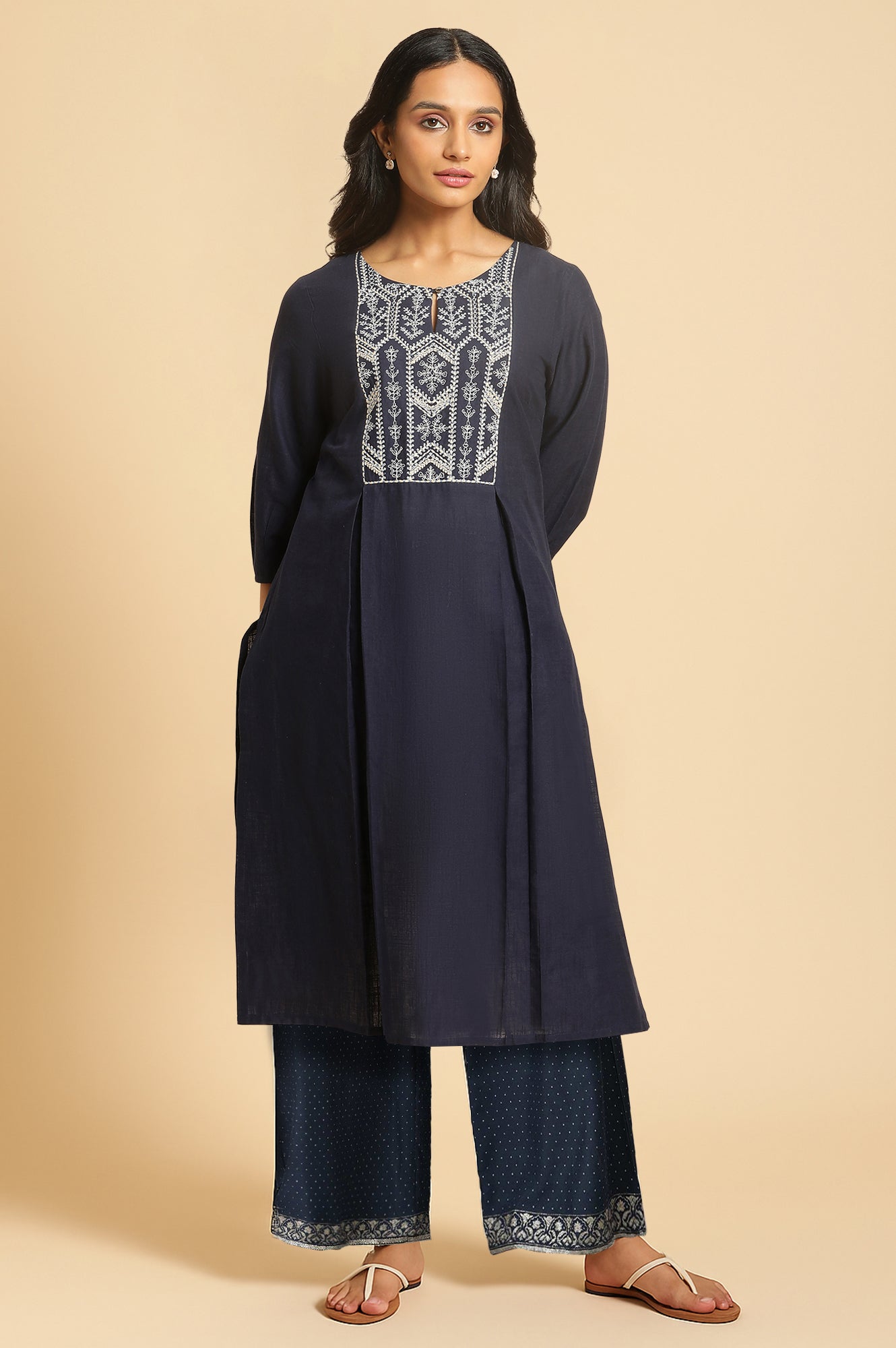 Blue Solid Printed Pure Cotton Straight Kurta with Parallel Pant Set