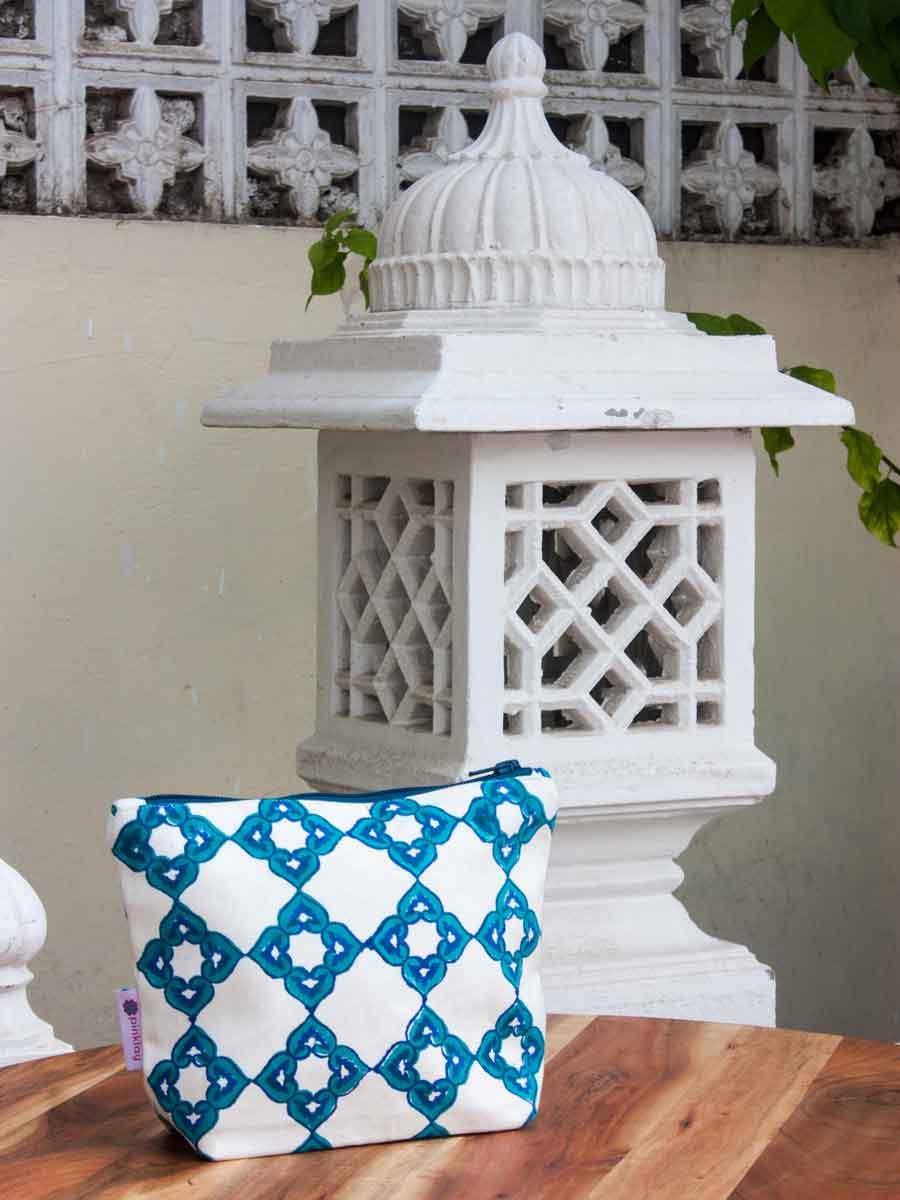 Navy Hand Block Print Cotton Travel Pouch