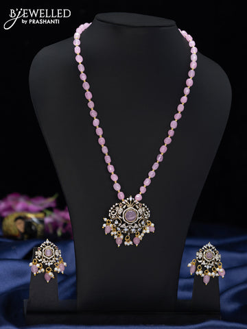 Beaded baby pink necklace with baby pink & cz stones and beads hangings in victorian finish