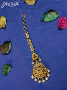 Antique maang tikka with pink kemp stones and pearl hangings