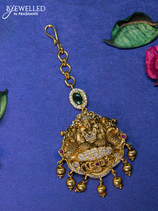 Antique maang tikka lakshmi design with kemp & cz stones and golden beads hangings