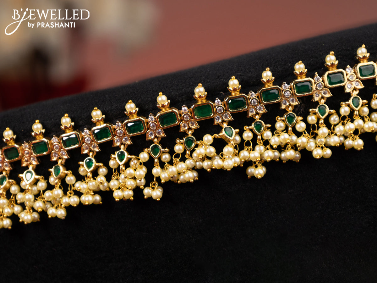 Antique hip chain with emerald & kundan stones and pearl hangings