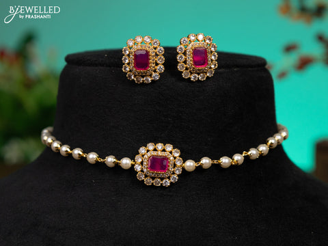 Pearl choker with ruby and cz stones pendant