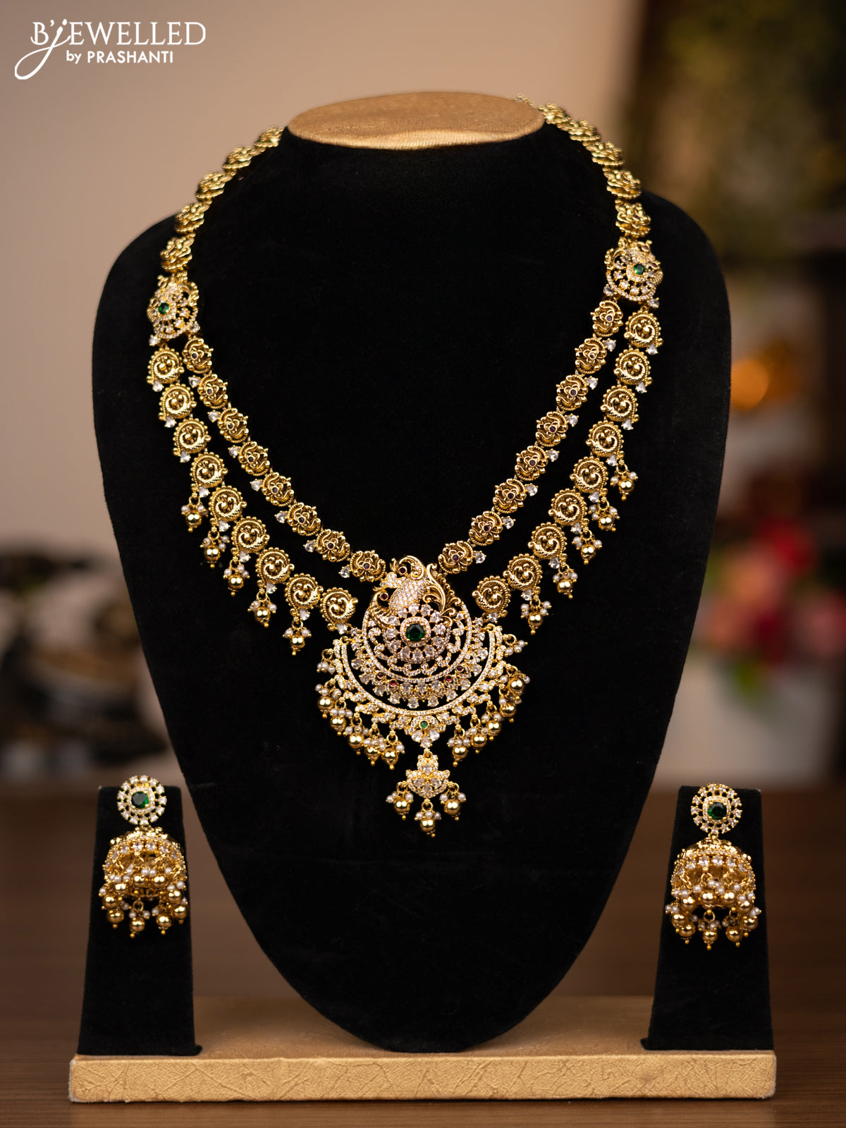 Antique double layer haaram with kemp & cz stones and golden beads hanging