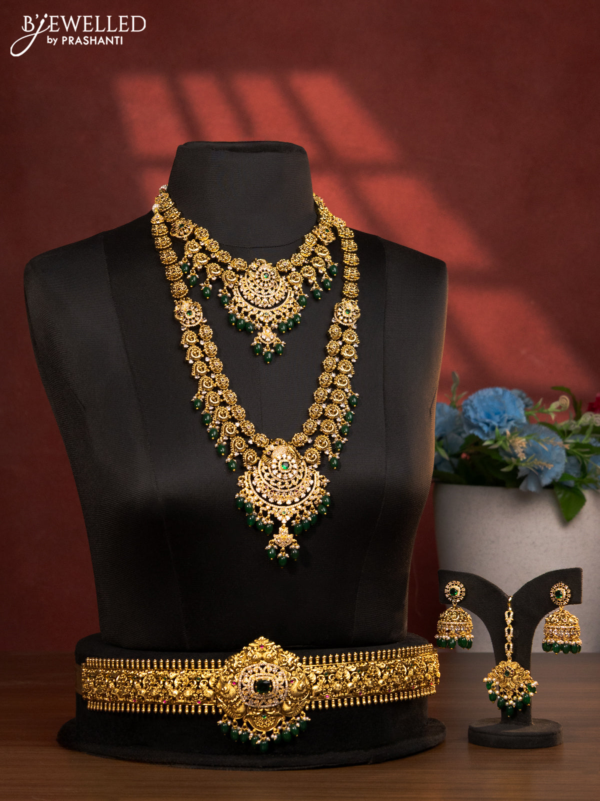 Antique double layer haaram with kemp & cz stones and green beads hanging