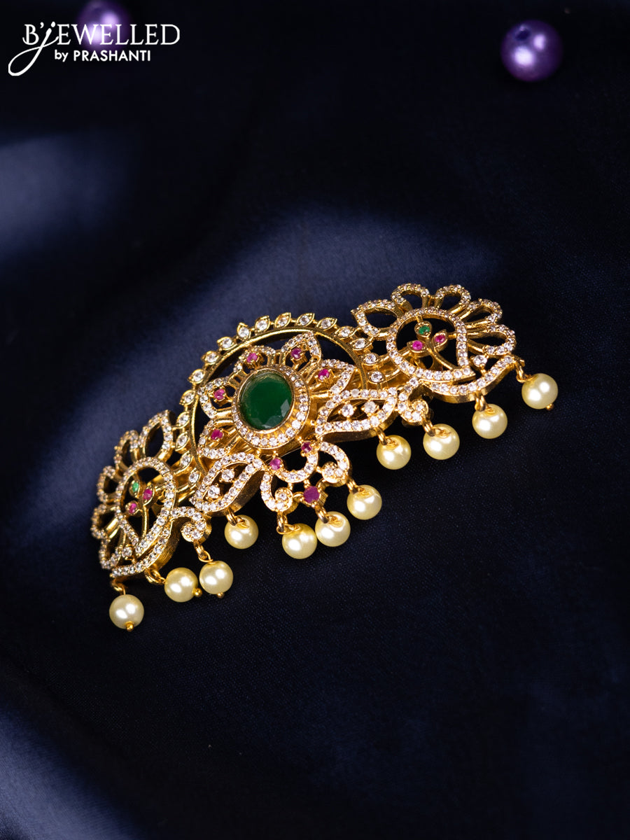 Antique hair clips medium size with kemp & cz stones and pearl hangings