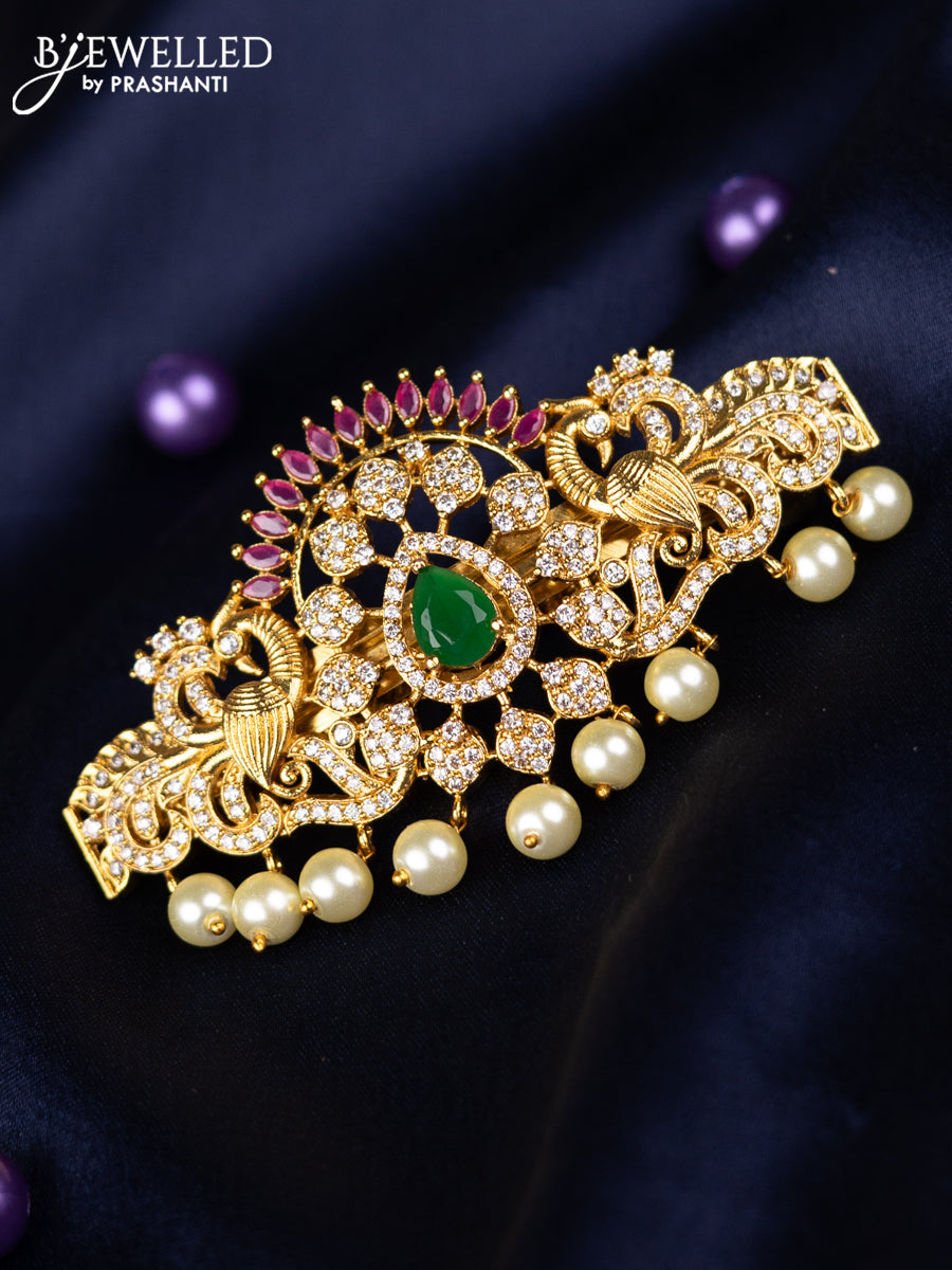 Antique hair clips medium size peacock design with kemp & cz stones and pearl hangings