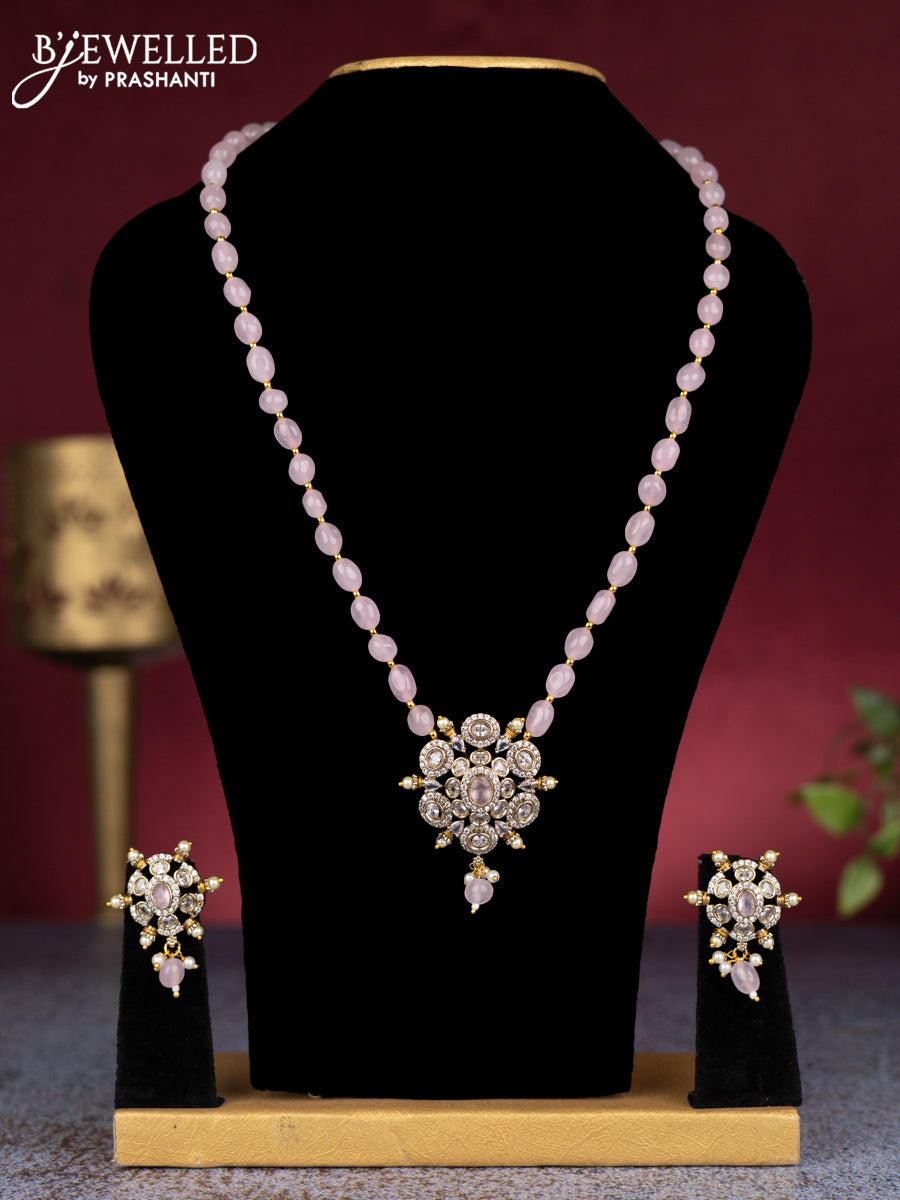 Beaded baby pink necklace with cz stones and pearl & beads hangings in victorian finish