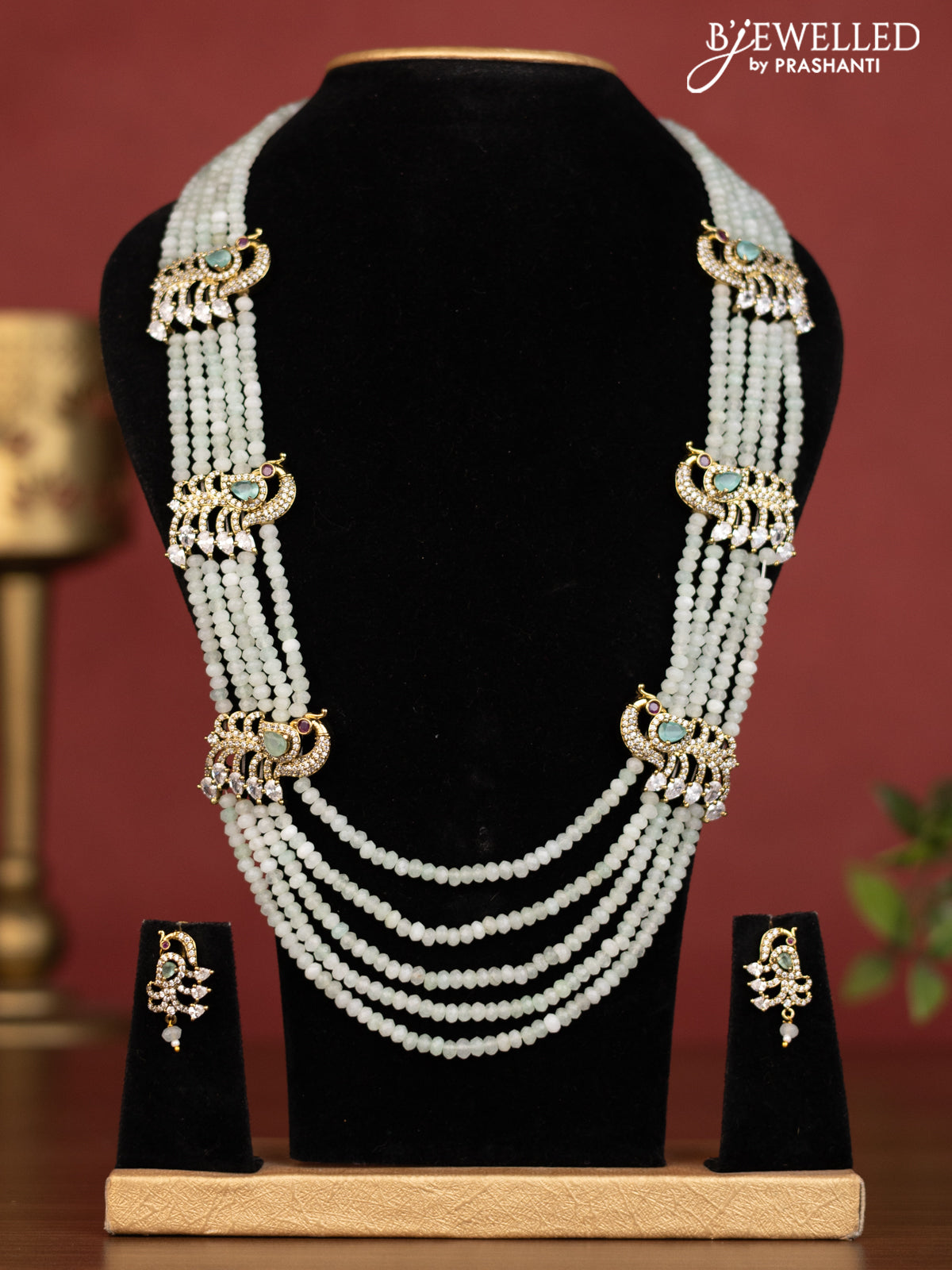 Beaded mint green necklace peacock side pendant with ruby & cz stones in victorian finish