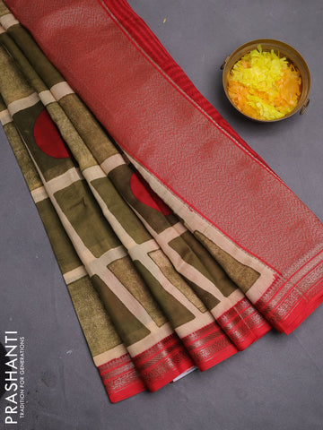 Chanderi silk cotton saree sandal sap green and red with allover geometric prints and banarasi style border