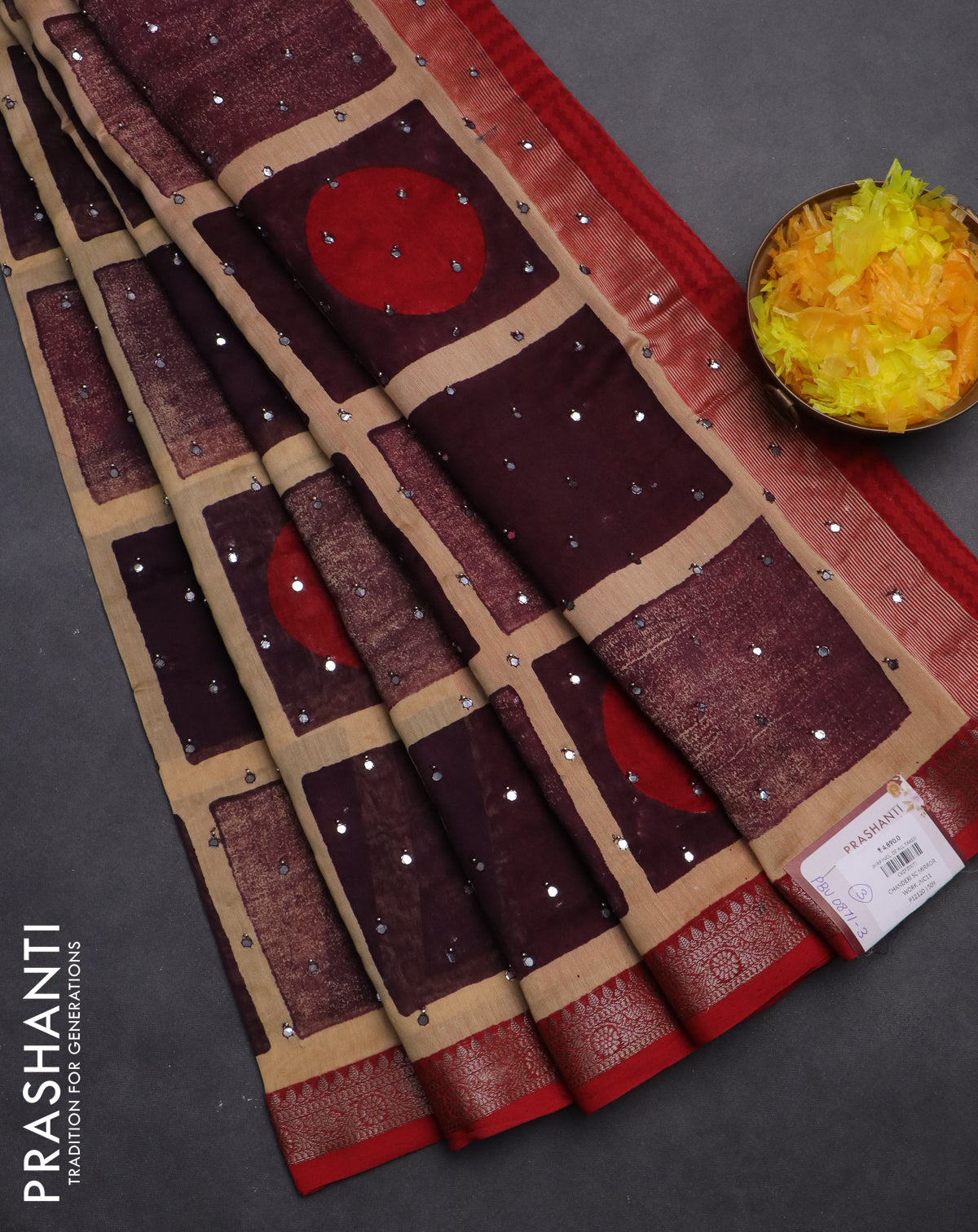 Chanderi silk cotton saree sandal wine shade and kumkum red with allover geometric prints & mirror work and woven border