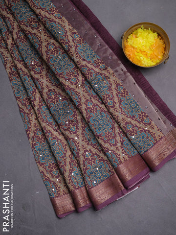 Chanderi silk cotton saree wine shade with allover prints & mirror work and woven border