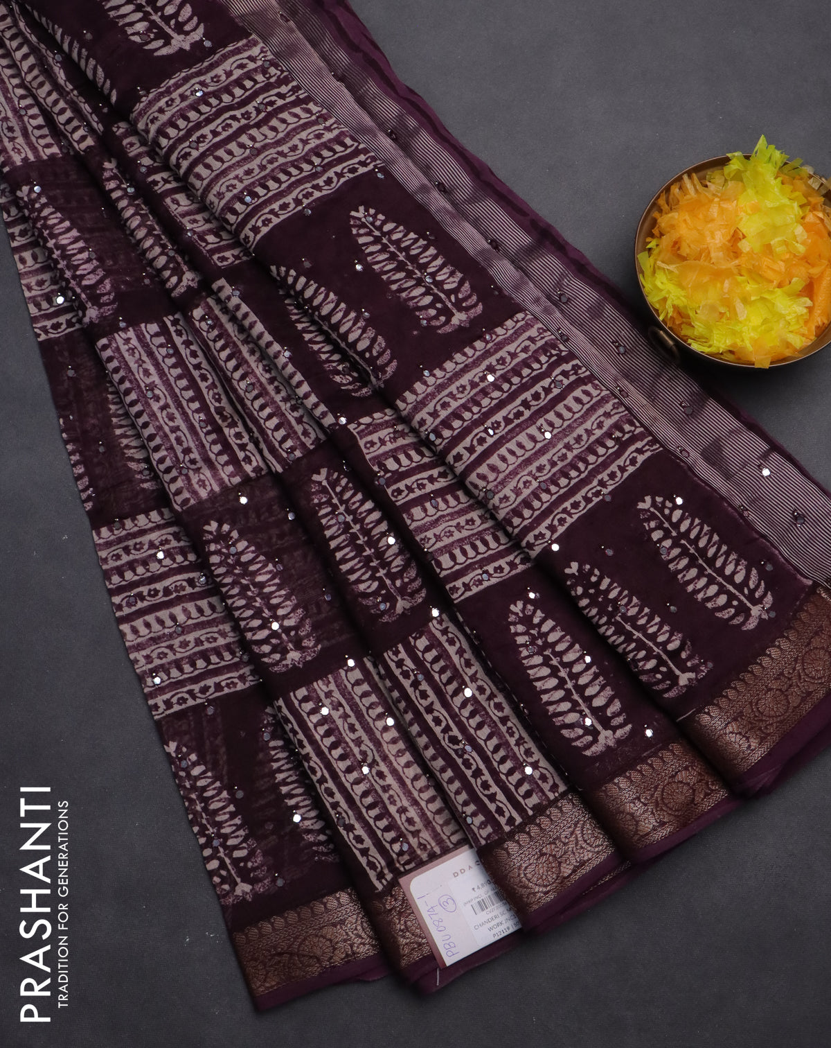 Chanderi silk cotton saree wine shade with allover prints & mirror work and woven border