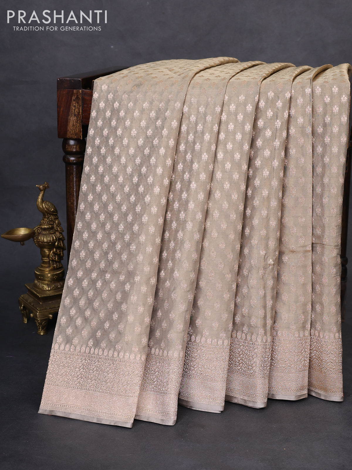 Banarasi tissue silk saree grey shade with allover zari woven brocade weaves and zari woven border