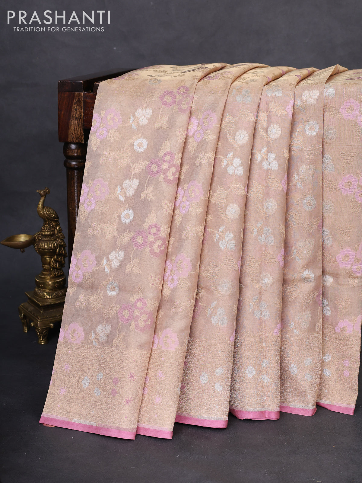 Banarasi tissue silk saree sandal and peach pink with allover thread & zari woven floral weaves and zari woven border