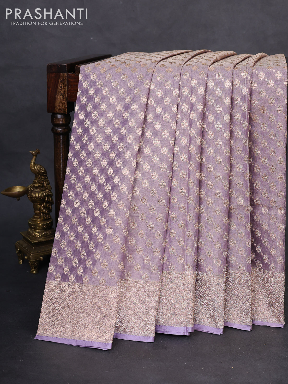 Banarasi tissue silk saree pastel lavender with allover zari woven brocade weaves and zari woven border