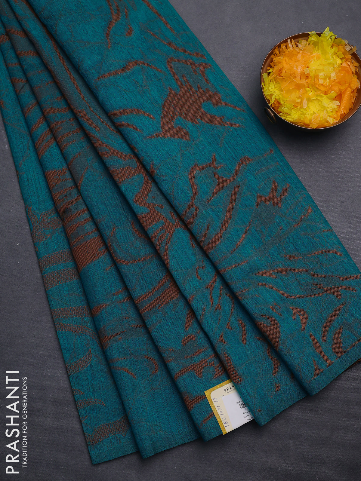 Banarasi semi matka saree teal blue shade with allover thread weaves in borderless style