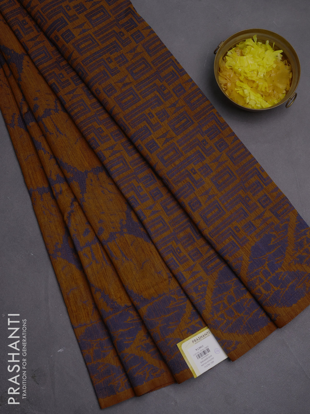 Banarasi semi matka saree dark mustard and blue with allover thread weaves and thread woven border